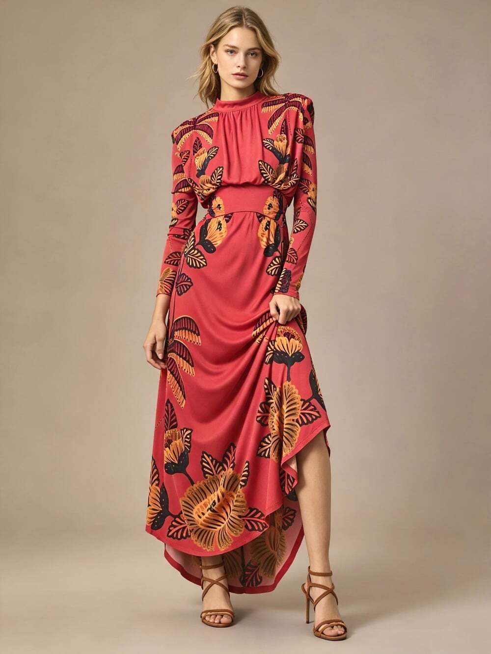 NWOT Farm Rio Long-Sleeve Mock-Neck Maxi Dress Red Size S